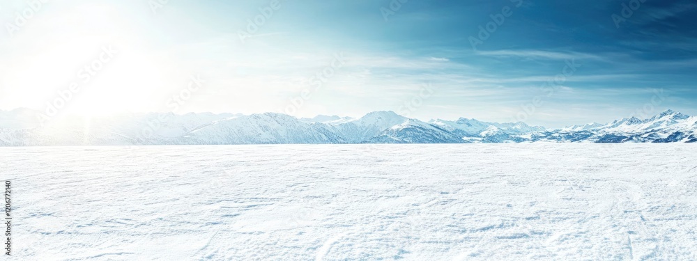 Fototapeta premium Breathtaking winter landscape with a vast, snow-covered field and majestic mountain range under a clear blue sky