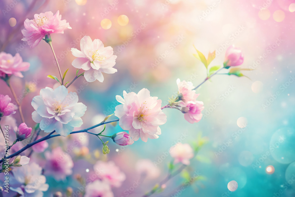 Soft pink flowers bloom against dreamy pastel background, creating serene atmosphere Soft pink flowers bloom against dreamy pastel background, creating serene atmosphere
