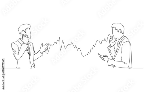 Continuous one line drawing of businessman discussing investment with business partner via smartphone, investment discussion concept, single line art