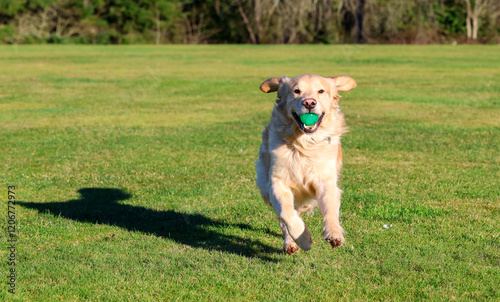 Happy and friendly golden retriever dog running in green grass at a park with a ball in his mouth. The purebred pet is having fun with exercise outside.  photo