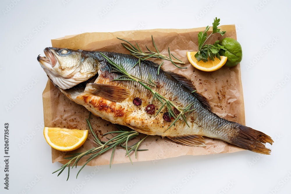 Roasted seabass on white background Roasted seabass on white background