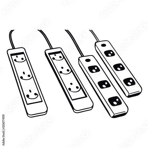 Power Strips and Electrical Outlets with Cartoon Faces in Black and White Line Drawing