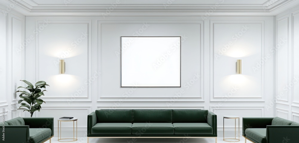 Fototapeta premium Minimalist living room with two frames, a dining table, and an elegant sofa.