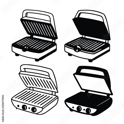Vintage Sandwich Press and Panini Maker Illustrations in Black and White Line Art with Retro Kitchen Appliance Designs