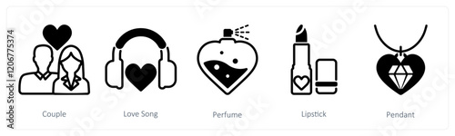 A set of 5 valentine's day icons as  couple, love song, perfume