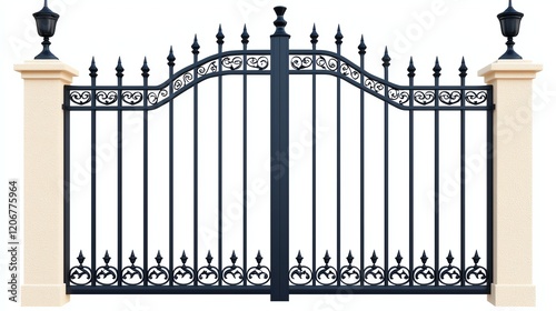 A stylish black wrought iron gate with decorative elements, flanked by beige pillars topped with elegant lanterns.