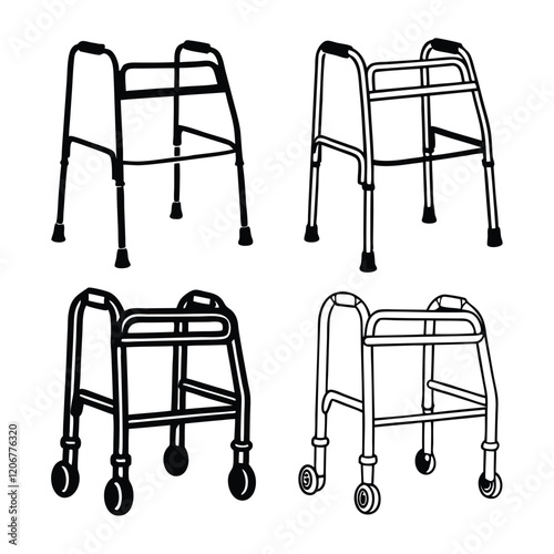 A set of walker Wheels Vector Outline, Medical mobility aids, assistive walking devices, elderly care equipment, orthopedic support frames, adjustable metal walkers