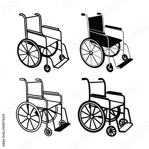 A set of Wheelchair line art silhouette vector illustration, Isometric wheelchairs, medical equipment illustration, black and white sketch, multiple angles, detailed line drawing, assistive mobility 