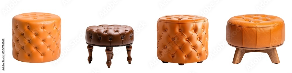 Obraz premium Furniture isolated collection. Four stylish upholstered stools in varying shapes and colors, showcasing a modern design aesthetic for furniture lovers.