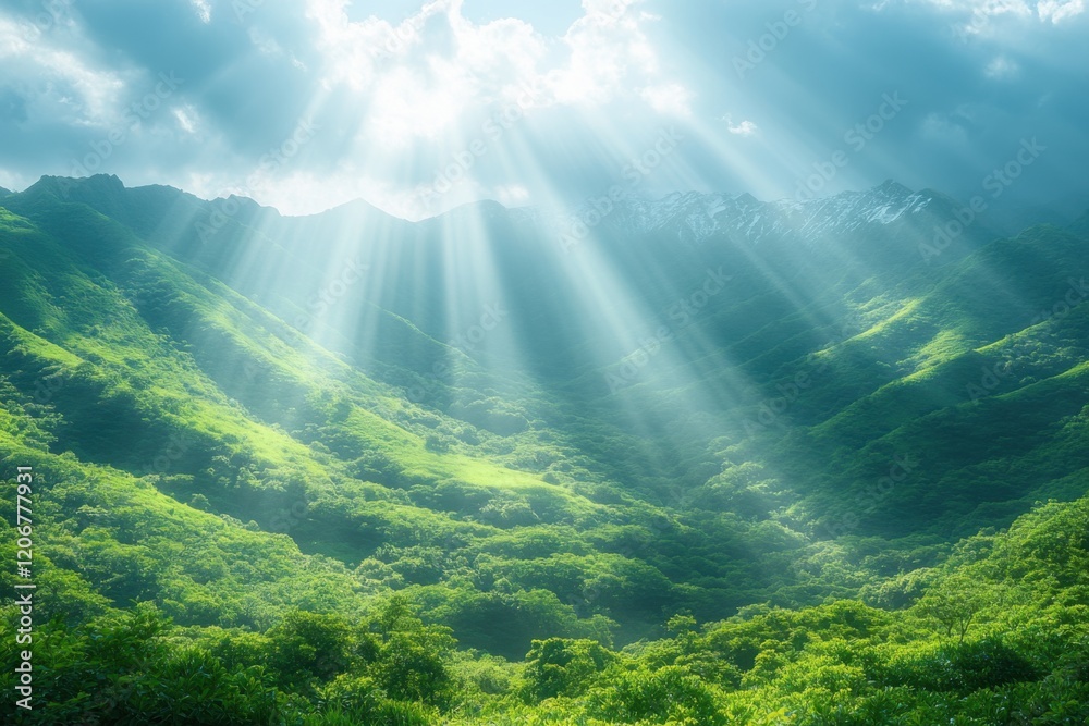 Fototapeta premium Serene Sunrise Over Snow-Capped Peaks in Lush Green Forest Canopy