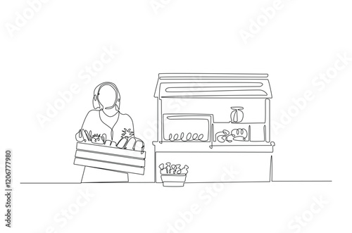 Farmer with vegetables beside market stall in continuous one line drawing. Local market concept in single line art illustration. Editable vector.