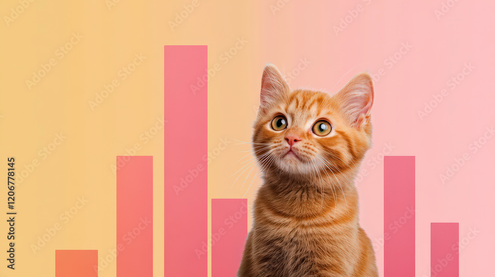 Cute orange kitten looking up with curiosity in front of colorful bar graph background representing growth and progress, ideal for pet, business, or analytics themes Cute orange kitten looking up with curiosity in front of colorful bar graph background representing growth and progress, ideal for pet, business, or analytics themes