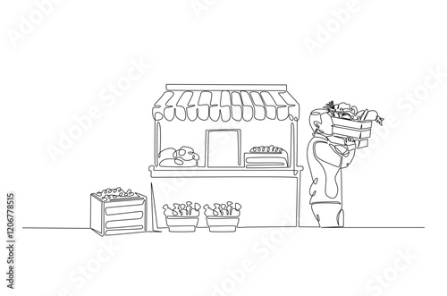 Farmer with vegetables beside market stall in continuous one line drawing. Local market concept in single line art illustration. Editable vector.