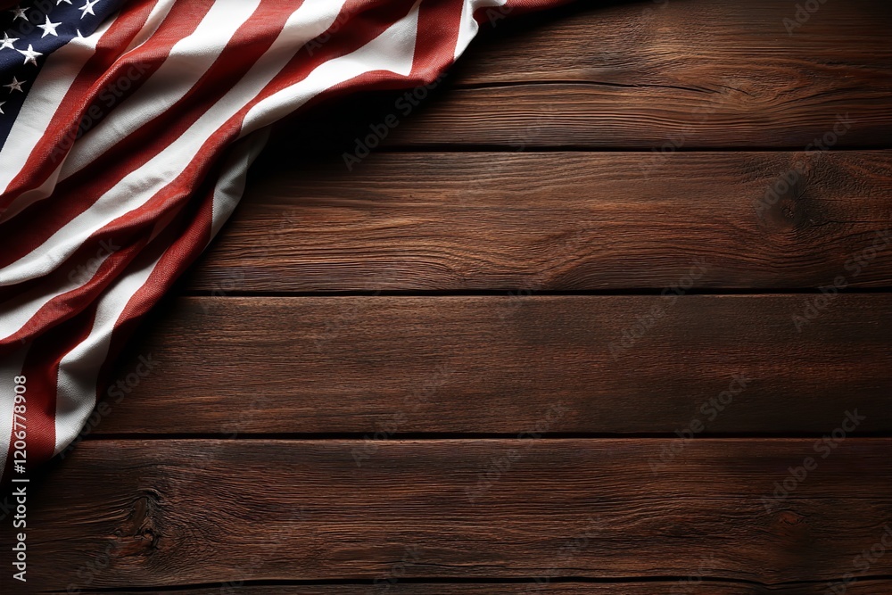 The American flag, with its vibrant colors and stars, gently drapes over a textured wooden surface. This composition creates a feeling of unity and national pride during a festive occasion The American flag, with its vibrant colors and stars, gently drapes over a textured wooden surface. This composition creates a feeling of unity and national pride during a festive occasion