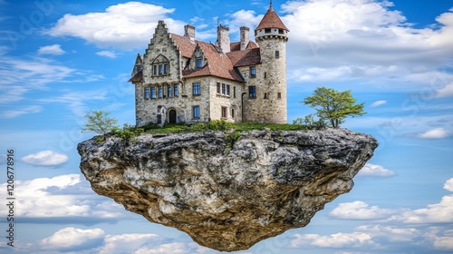 Floating Medieval Castle on a Rocky Island Surrounded by Blue Sky and White Clouds