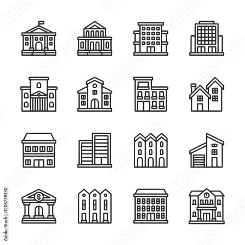 A collection of buildings in various styles, including a bank, a school