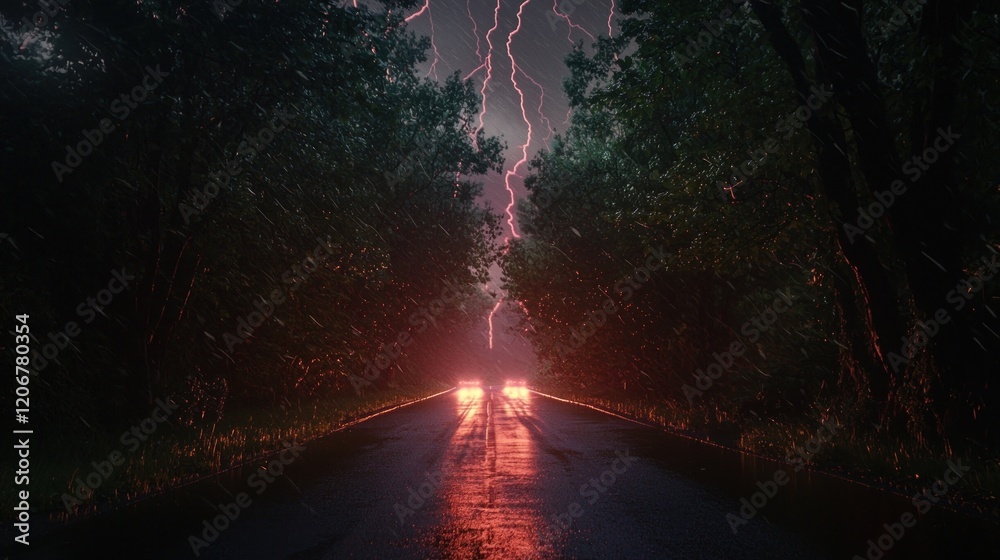 Obraz premium Stormy Night Drive: A Dramatic Road Through the Woods