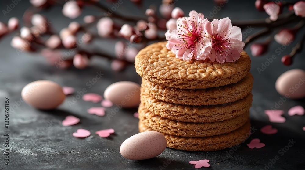 Biscuit dessert flowers and pink gift boxes with confetti on grey background, top view, copy space, mothers day and easter concept Biscuit dessert flowers and pink gift boxes with confetti on grey background, top view, copy space, mothers day and easter concept