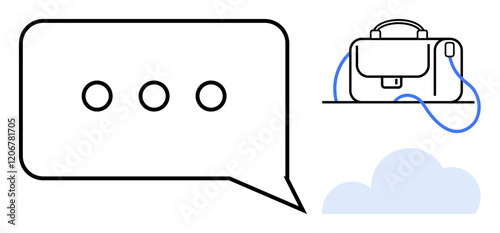 Speech bubble with three dots, briefcase with blue strap, and cloud. Ideal for remote work, office communication, cloud storage, business travel, technology, network connectivity, corporate strategy