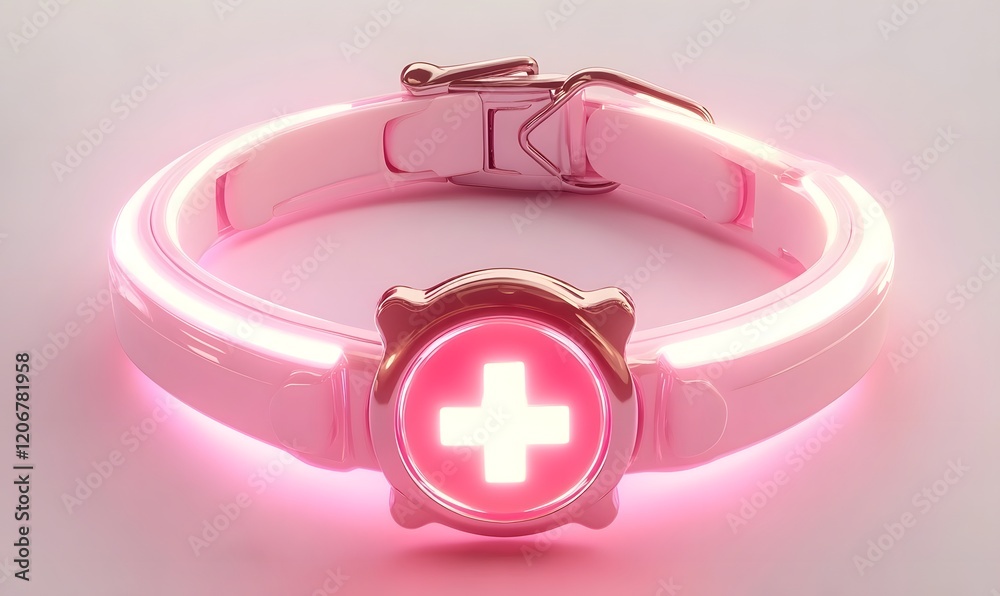 Pink glowing pet collar medical ID, studio shot