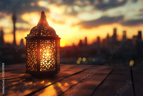 A glowing lantern with intricate Islamic patterns placed on a wooden table, with a beautiful city skyline and crescent moon in the background photo