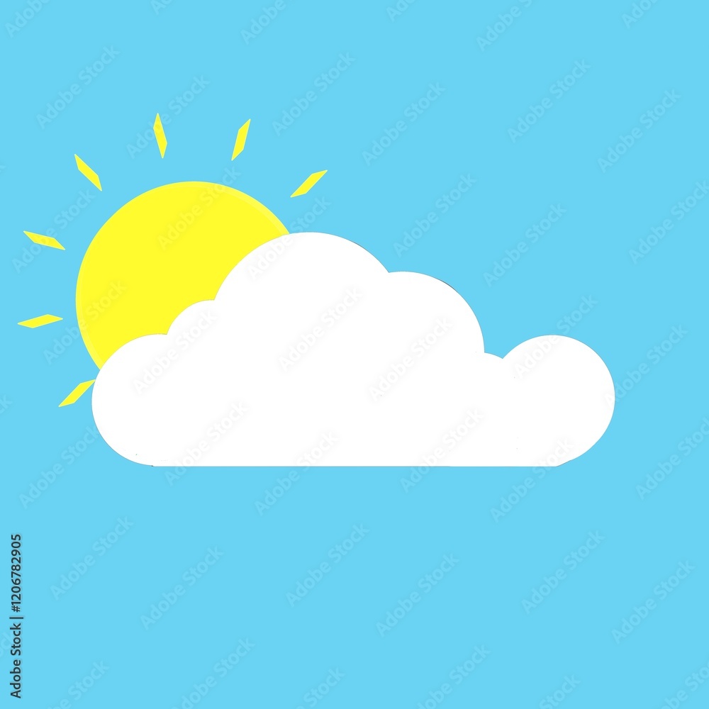 The sun looks out from behind a white cloud in the blue sky. Weather and atmospheric phenomena theme. Illustration on the weather theme. The sun looks out from behind a white cloud in the blue sky. Weather and atmospheric phenomena theme. Illustration on the weather theme.