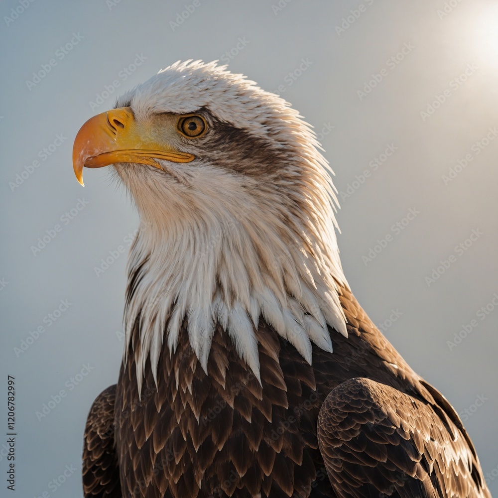 Obraz premium An eagle standing proudly with the sun reflecting on its feathers, on a white background.