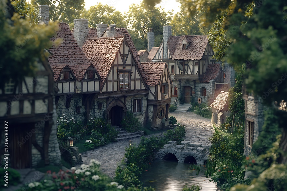 Quaint village scene with cobblestone paths and rustic houses. Quaint village scene with cobblestone paths and rustic houses.