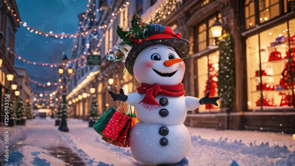 Funny Snowman Running with Holiday Shopping Bags on a Festive Street, Surrounded by Sparkling Lights - Joyful Christmas Shopping Video Funny Snowman Running with Holiday Shopping Bags on a Festive Street, Surrounded by Sparkling Lights - Joyful Christmas Shopping Video