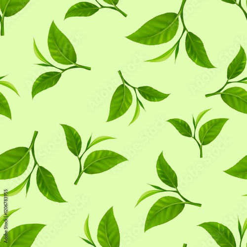 Semi realistic Seamless pattern of tea leaf .Hand-drawn leaf pattern. Leaf isolated on white background. Spring, summer, autum season concept, Easter, nature . Design for card, print, and cover