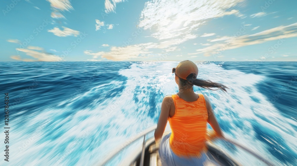 Fototapeta premium Ocean Speedboat Adventure: A Woman's Thrilling Journey Across the Vast Blue