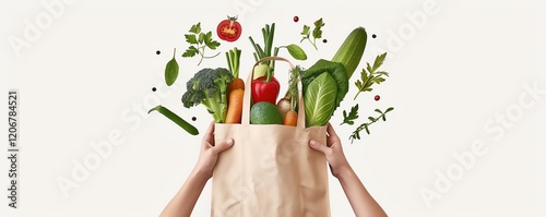 A pair of hands holds a paper bag filled with fresh vegetables, including broccoli, carrots, and lettuce, symbolizing healthy and organic food.