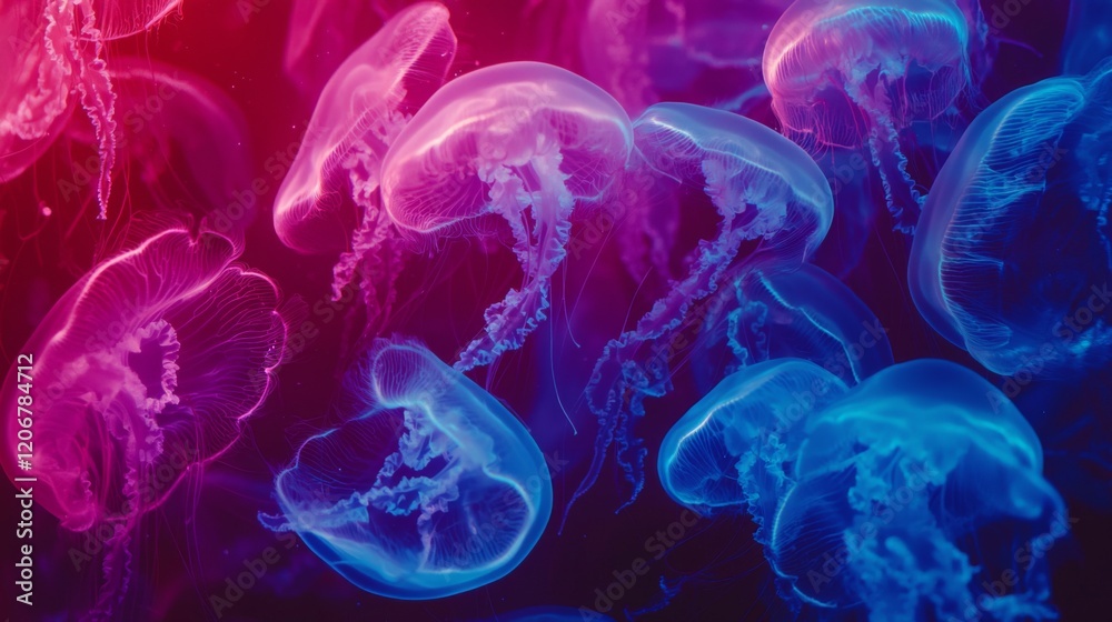 Colorful Jellyfish Swimming in Deep Ocean with Neon Glow and Vibrant Background in Shades of Pink and Blue Colorful Jellyfish Swimming in Deep Ocean with Neon Glow and Vibrant Background in Shades of Pink and Blue