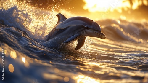Dolphin jumping through golden waves at sunrise in a tropical ocean