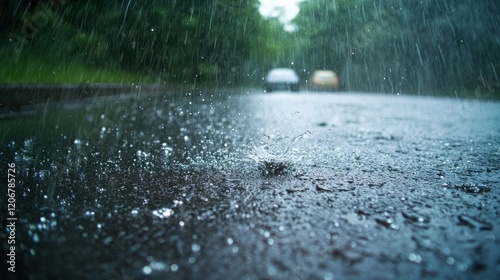 Rainy Day Road: A captivating image of rain falling on a road, capturing the essence of a rainy day's tranquility and the beauty of nature's elements.