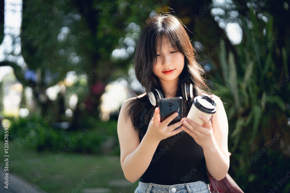 Asian Young woman with headphones and smartphone enjoying coffee outdoors in a vibrant park setting, basking in warm sunlight, casual summer attire Asian Young woman with headphones and smartphone enjoying coffee outdoors in a vibrant park setting, basking in warm sunlight, casual summer attire