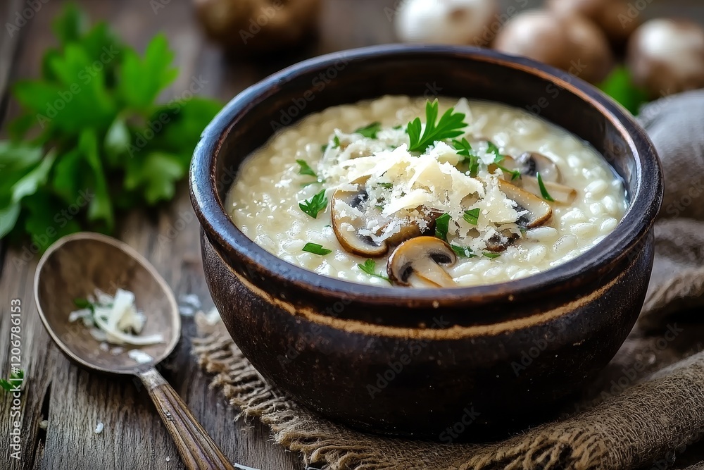 Creamy mushroom risotto in rustic bowl, garnished with parmesan cheese and parsley. Creamy mushroom risotto in rustic bowl, garnished with parmesan cheese and parsley.
