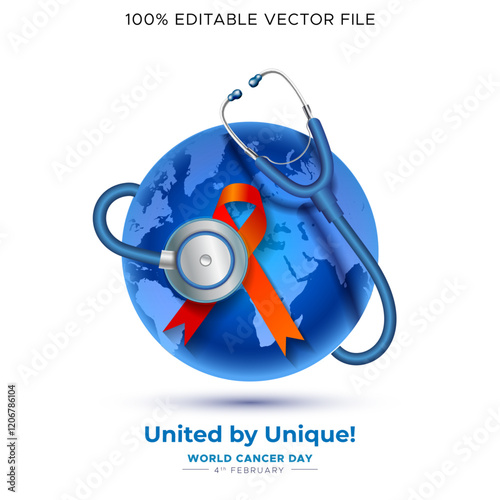 World cancer day awareness concept. Mediacal stethoscope with world globe and cancer symbol.