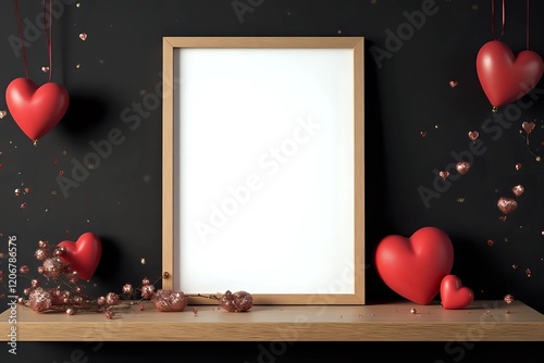 Wooden frame mockup on shelf over black wall with valentines day ornaments, blank vertical frame with copy space