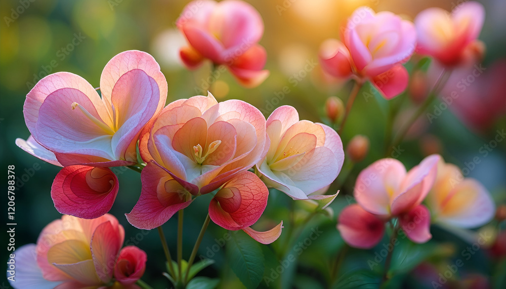 Heart-Shaped Blooms in Sunlight: Delicate, heart-shaped flowers in soft pink and peach hues bask in the warm glow of sunlight, creating a romantic and serene scene. Heart-Shaped Blooms in Sunlight: Delicate, heart-shaped flowers in soft pink and peach hues bask in the warm glow of sunlight, creating a romantic and serene scene.