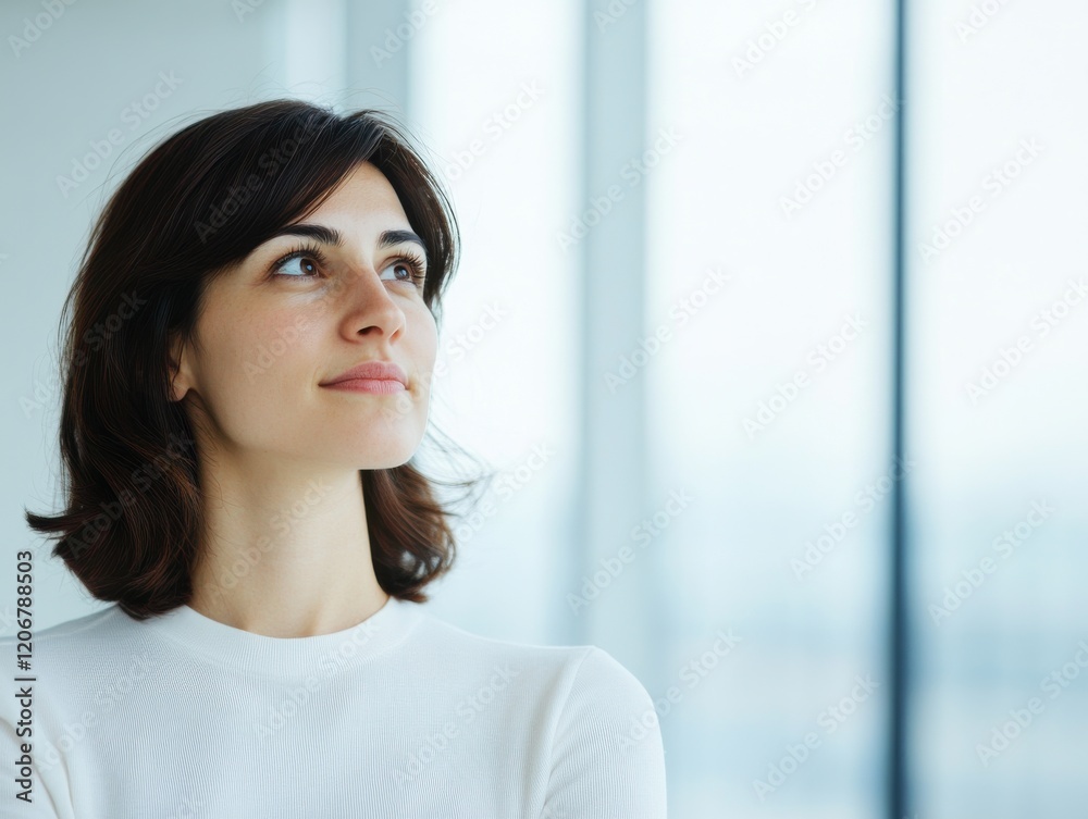 A thoughtful woman gazes upward, exuding a sense of contemplation and tranquility against a softly blurred background of light. A thoughtful woman gazes upward, exuding a sense of contemplation and tranquility against a softly blurred background of light.