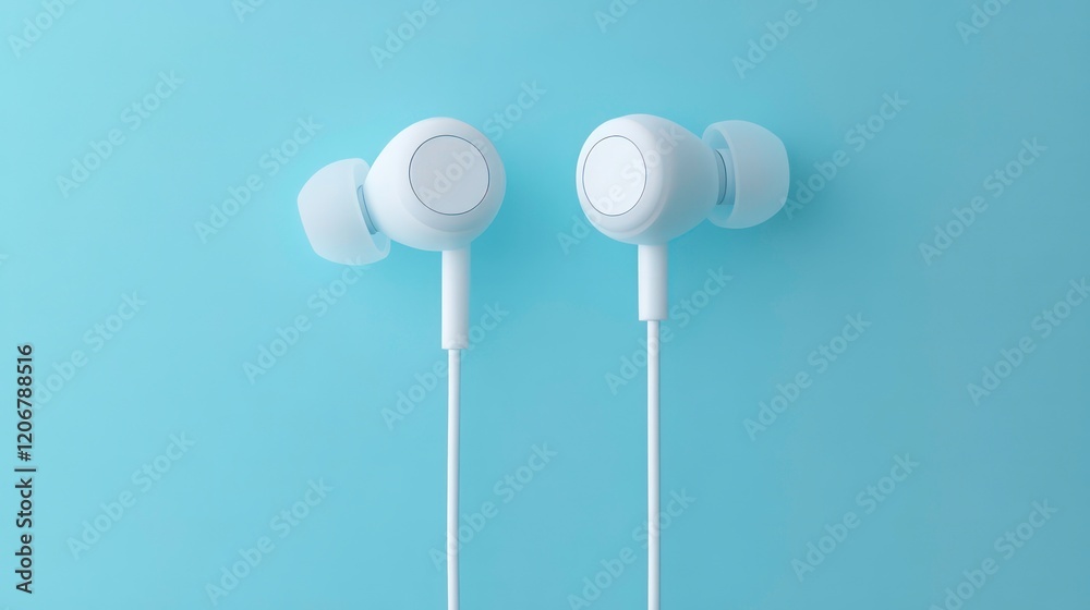 White wired earphones mockup against colorful blue background White wired earphones mockup against colorful blue background