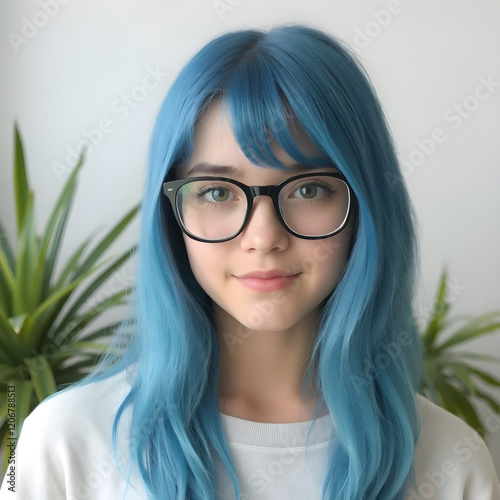 Adolescente de gafas llamativas y cabello azul brillante. photo