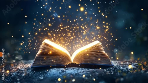 Enchanted book radiating magical sparks in a mystical setting