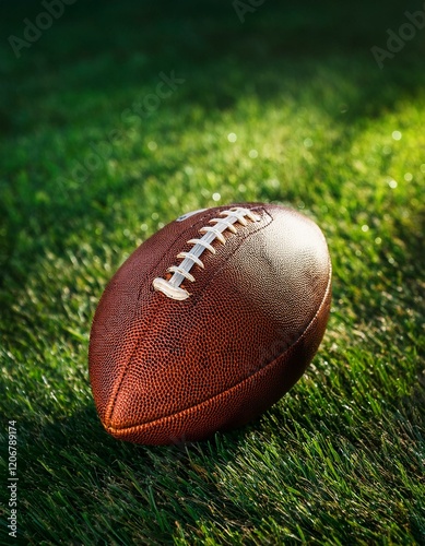 American football ball on green grass