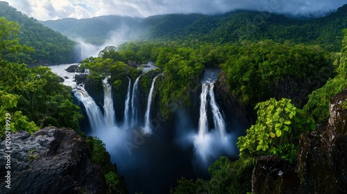 Lush Tropical Waterfall in Dense Forest