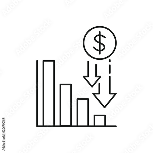 economy crisis icon, financial decrease, rate business fall, money failure, inflation or devaluation, investment loss, thin line web symbol on white background