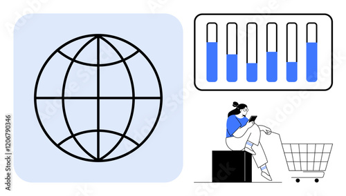 Globe, horizontal bar graph with blue progress bars, woman using phone near shopping cart suggest connection between global data analysis, consumer behavior, e-commerce. Ideal for business, finance