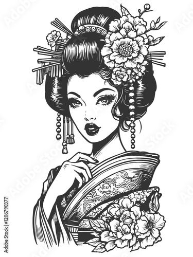 geisha in a floral-patterned kimono, asian woman sketch engraving generative ai fictional character vector illustration. Scratch board imitation. Black and white image.