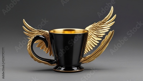 Luxurious porcelain coffee cup with a glossy black finish and an artistic handle shaped like an elegant golden eagle wing. photo